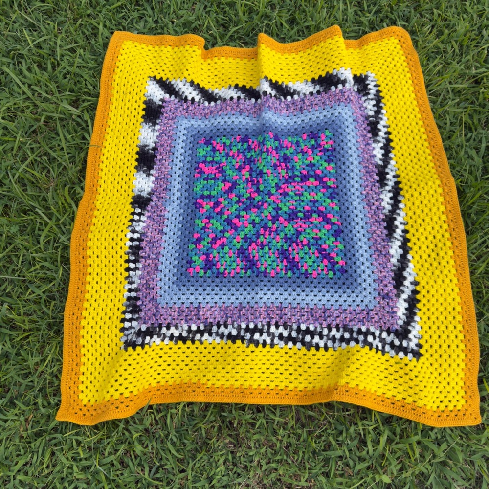 Handmade Crochet Granny Square Baby Blanket Yellow Blue Purple Boho 38x38